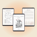 Three digital tablets displaying "The Soul Dossier" by The Natal Scribe, a personalized birth chart reading. The screens show a detailed celestial blueprint, a natal chart wheel, and an in-depth soul mission analysis with an elegant, minimalist aesthetic.